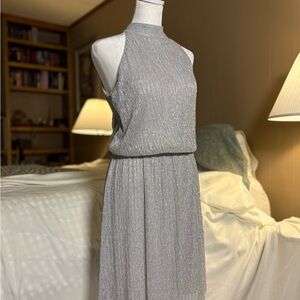 Gray Silver Metallic Thread Sleeveless Halter Sheath Mini Dress S